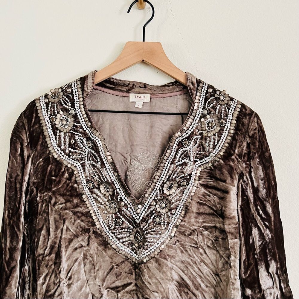 Tashia london V Neck Silk Brown Tunic Top Size Large - Picture 2 of 9